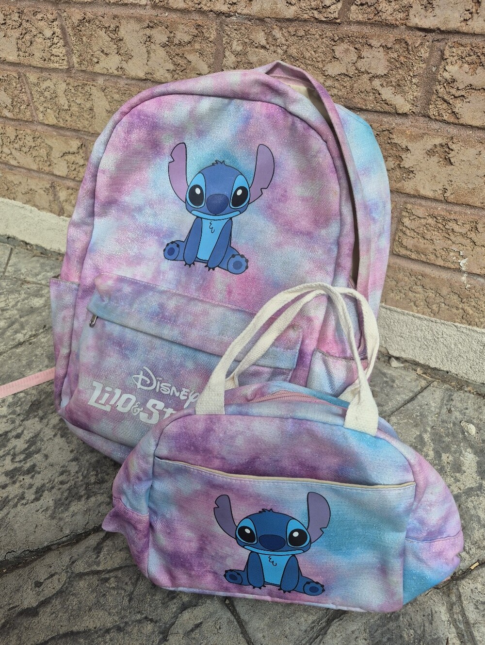 Disney Lilo & Stitch Pink Blue Tie-Dye Kids Backpack and Lunch Bag Set